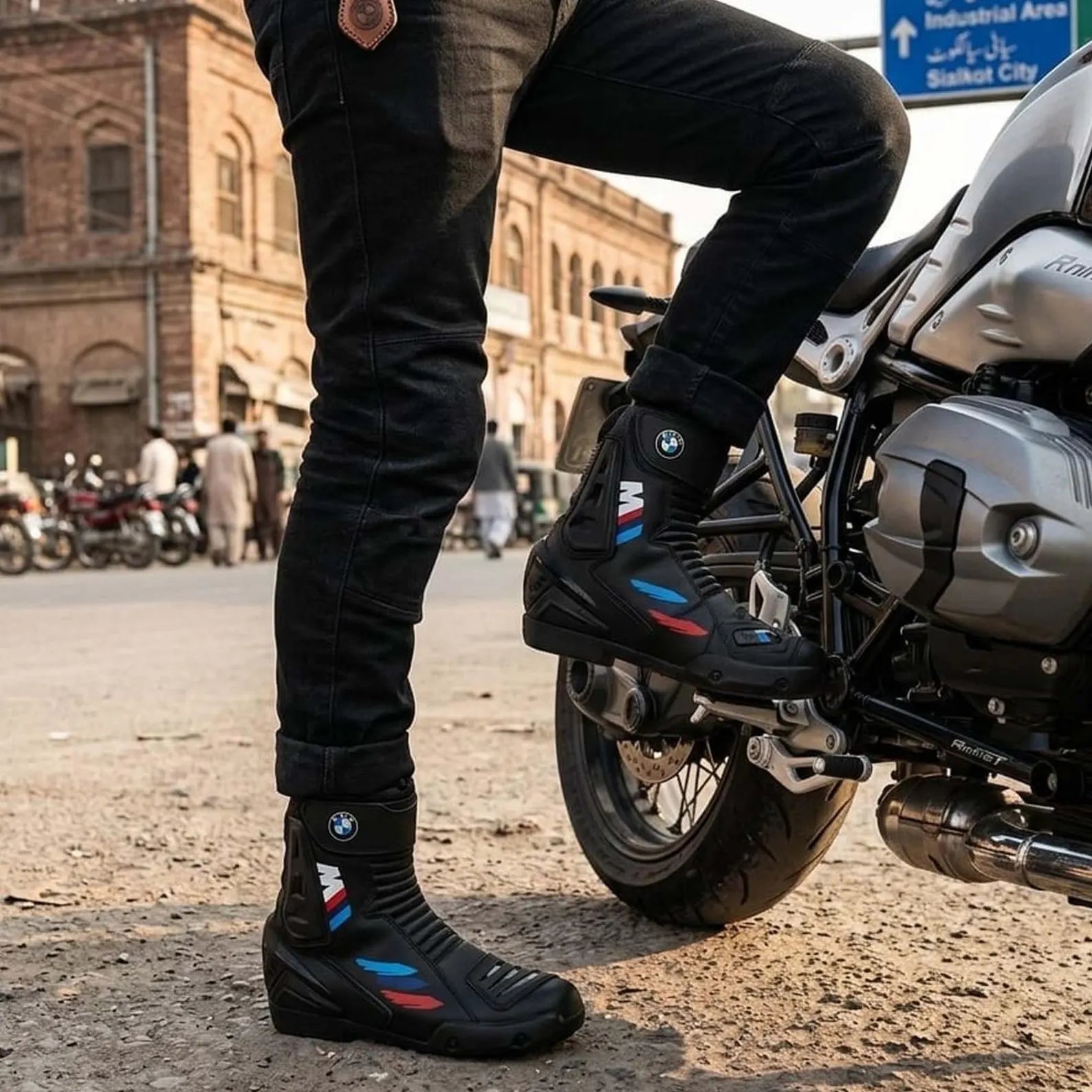 TRIFECTA Men's Motorcycle Racing Boots – Black Biker Boots with Ankle Armor