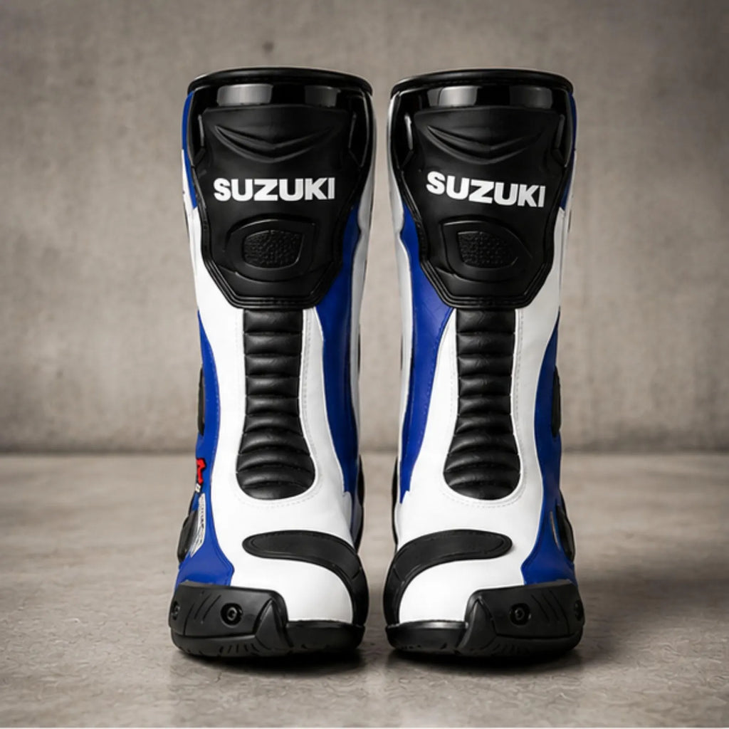 TRIFECTA Circuit Racing Motorcycle Boots – Blue White & Black Biker Boots for Men, Tall Shaft