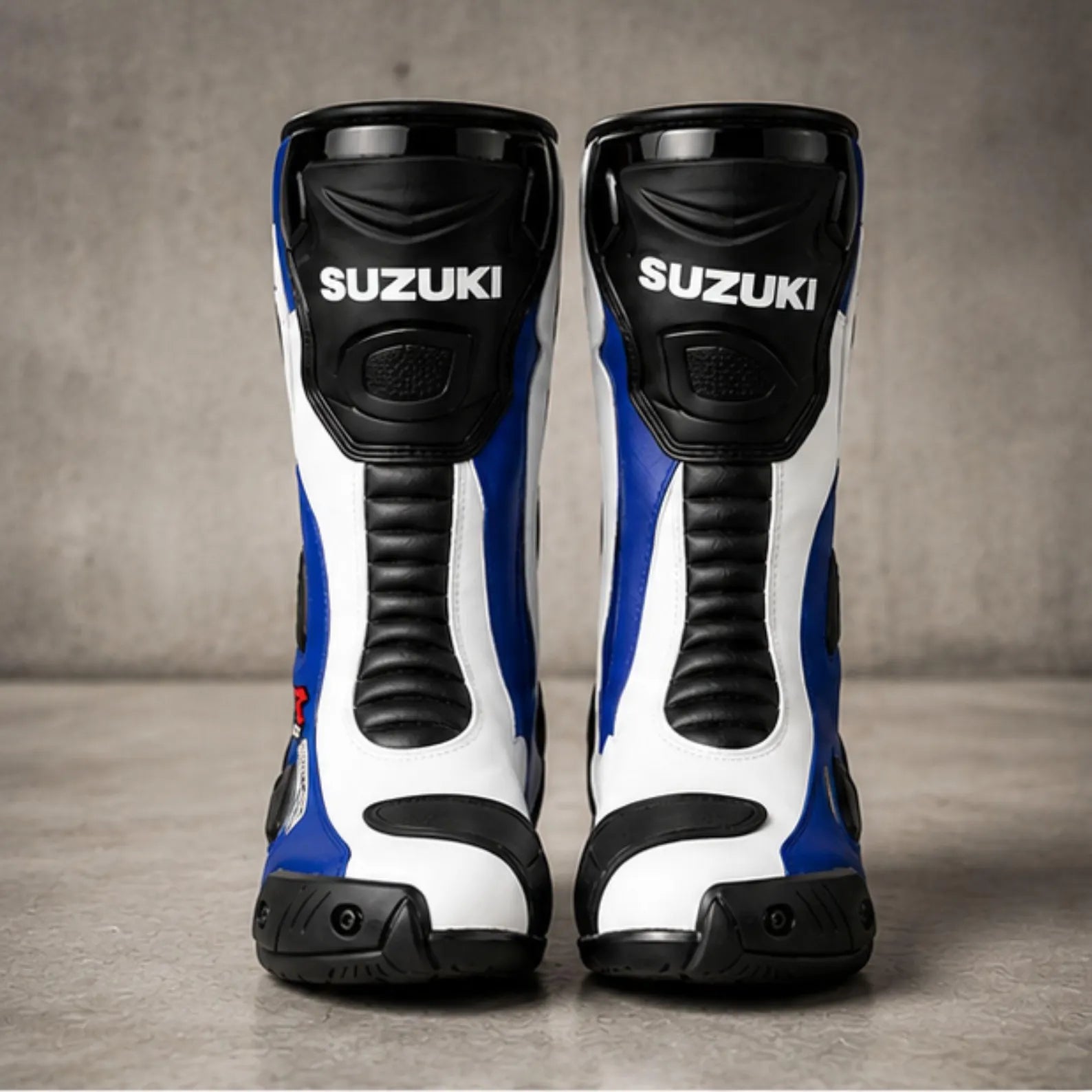 TRIFECTA Circuit Racing Motorcycle Boots – Blue White & Black Biker Boots for Men, Tall Shaft
