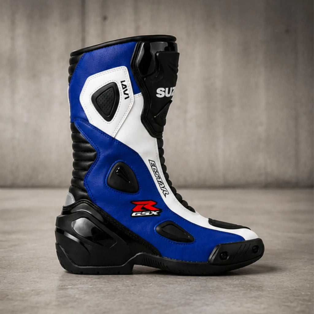 TRIFECTA Circuit Racing Motorcycle Boots – Blue White & Black Biker Boots for Men, Tall Shaft