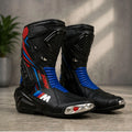 TRIFECTA Mens Racing Motorcycle Boots |  Black Red & Blue Biker Boots with TPU Shin Guard & Articulated Ankle
