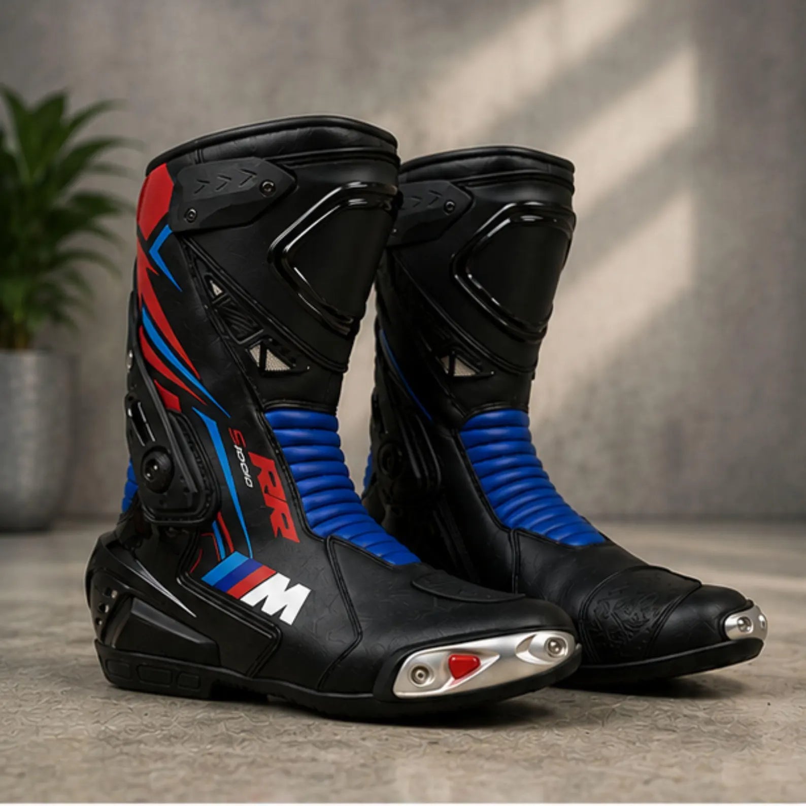 TRIFECTA Mens Racing Motorcycle Boots |  Black Red & Blue Biker Boots with TPU Shin Guard & Articulated Ankle