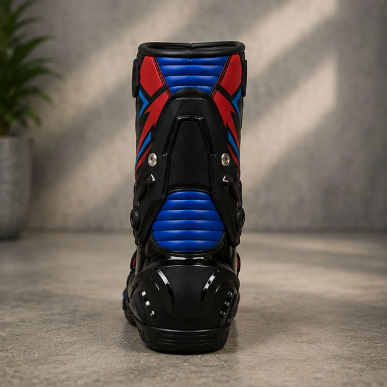TRIFECTA Mens Racing Motorcycle Boots |  Black Red & Blue Biker Boots with TPU Shin Guard & Articulated Ankle