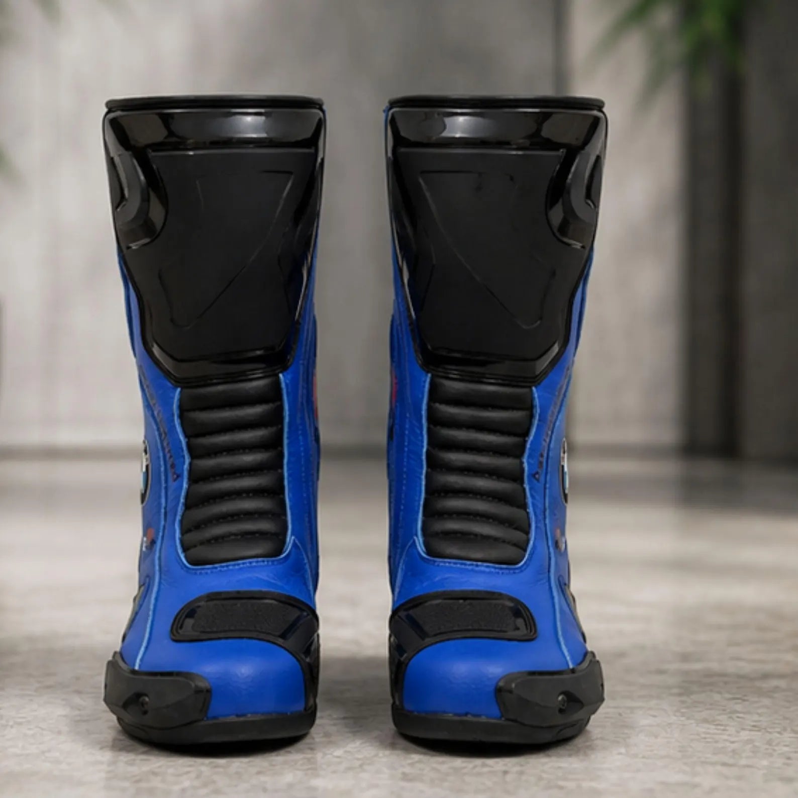 TRIFECTA Pro-Racer Men's Motorcycle Boots | Black & Blue Biker Boots with Reinforced Ankle & Shin Armor