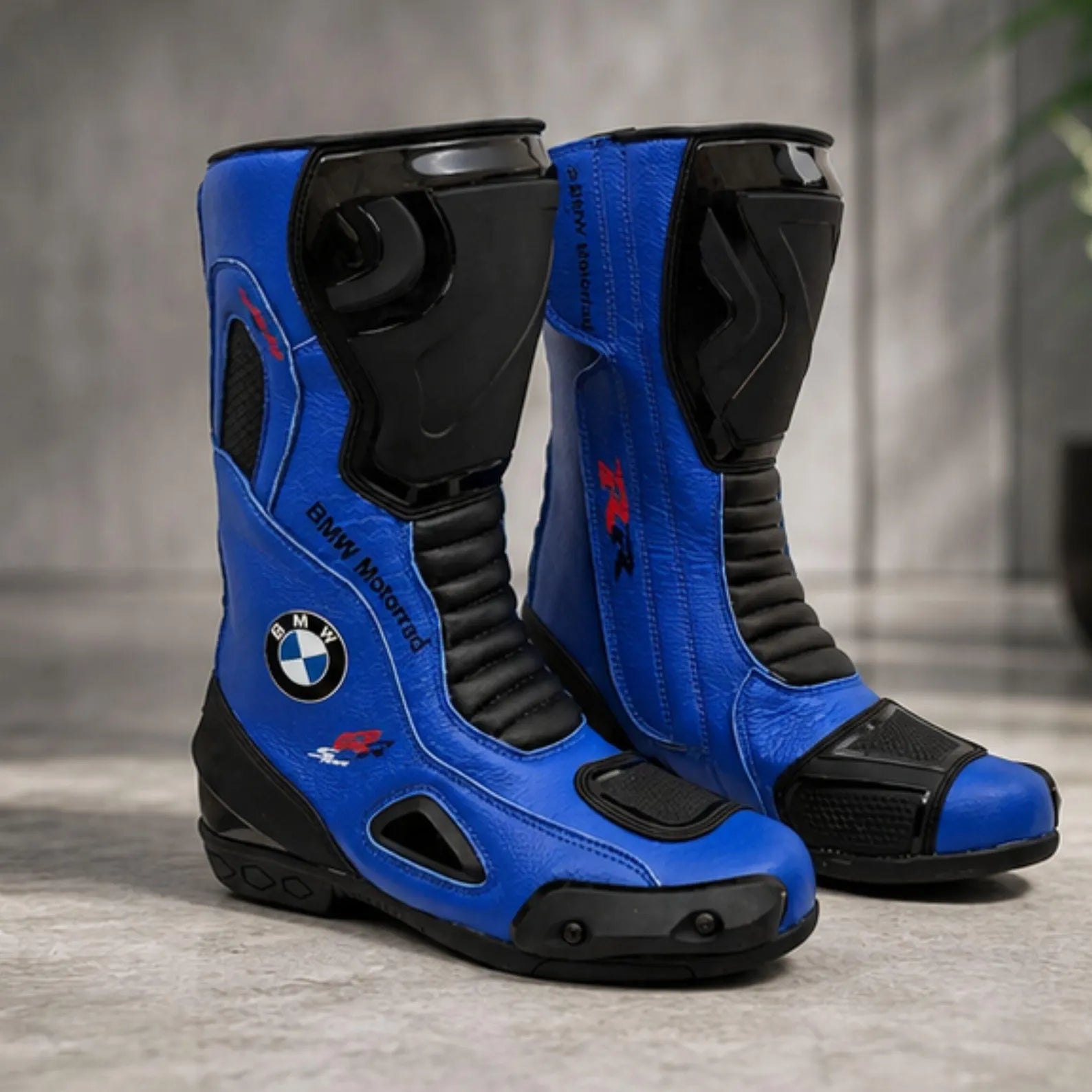 TRIFECTA Pro-Racer Men's Motorcycle Boots | Black & Blue Biker Boots with Reinforced Ankle & Shin Armor