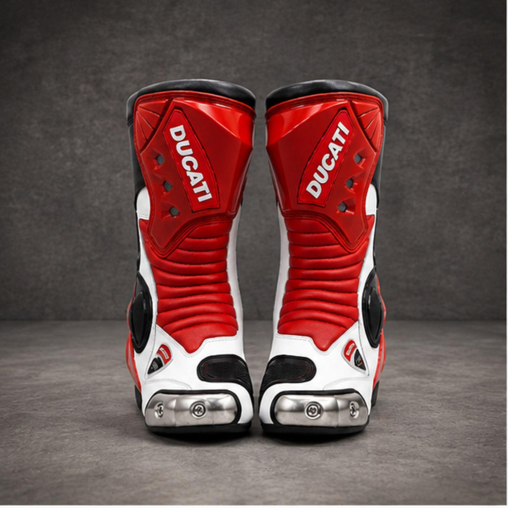 Men's Red & White Leather Motorcycle Riding Boots – Protective Biker Boots for Men