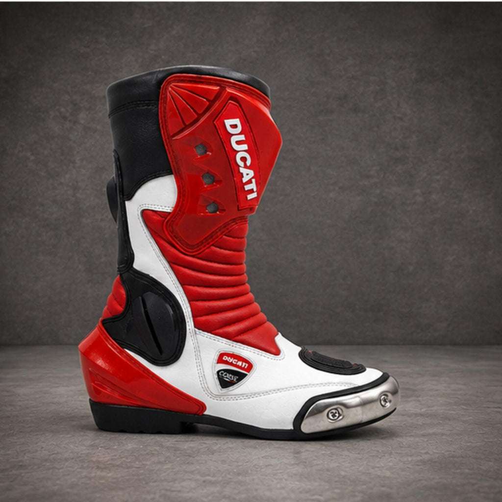 Men's Red & White Leather Motorcycle Riding Boots – Protective Biker Boots for Men
