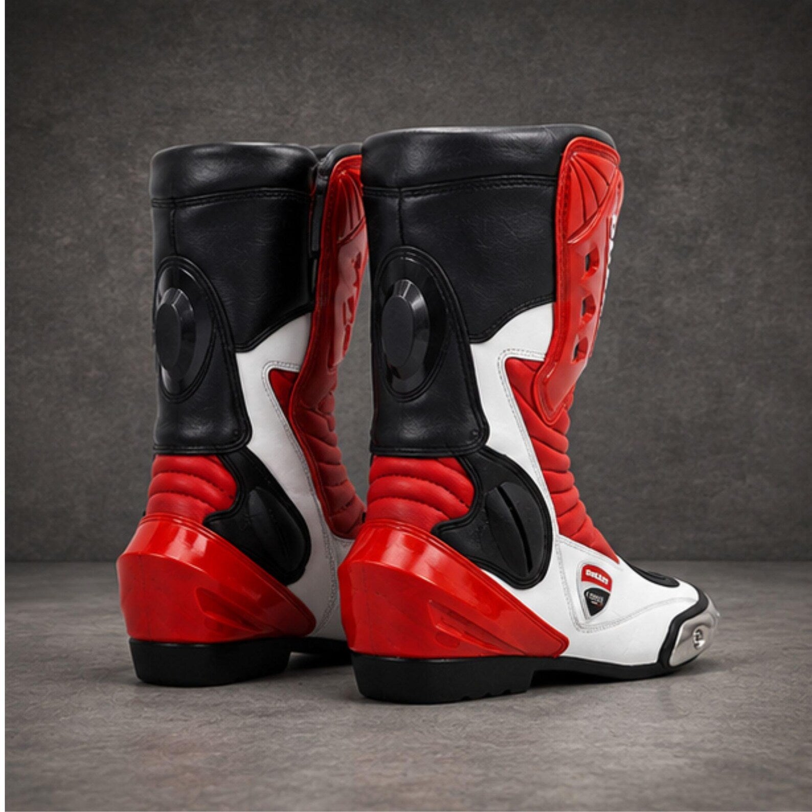 Men's Red & White Leather Motorcycle Riding Boots – Protective Biker Boots for Men