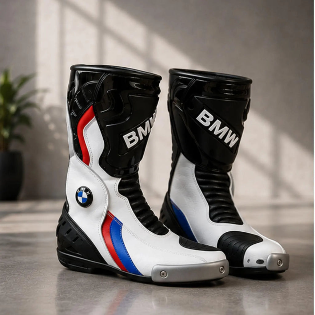 Men's Racing Motorcycle Boots | Black & White Biker Boots with Reinforced Ankle & Toe Protection