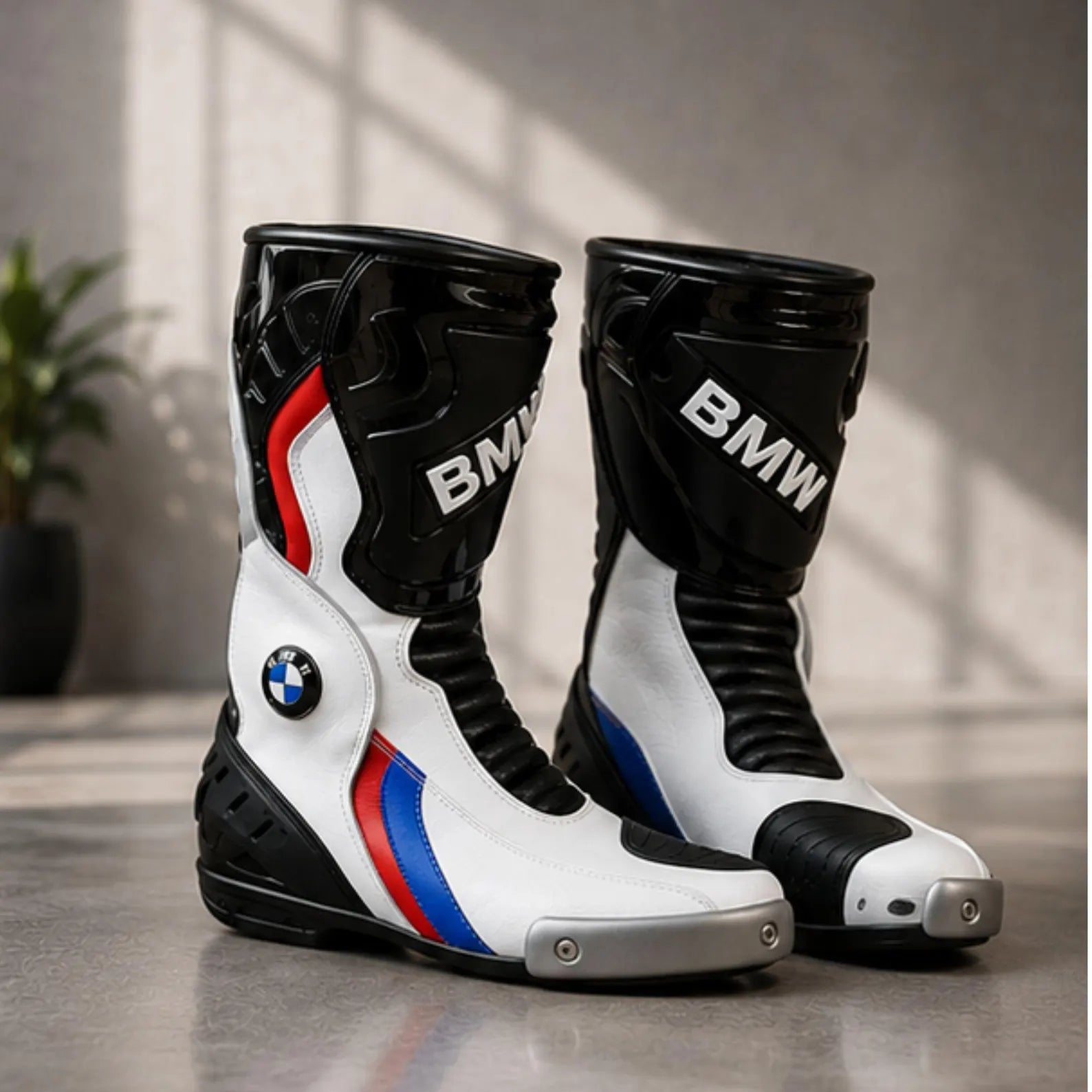 Men's Racing Motorcycle Boots | Black & White Biker Boots with Reinforced Ankle & Toe Protection