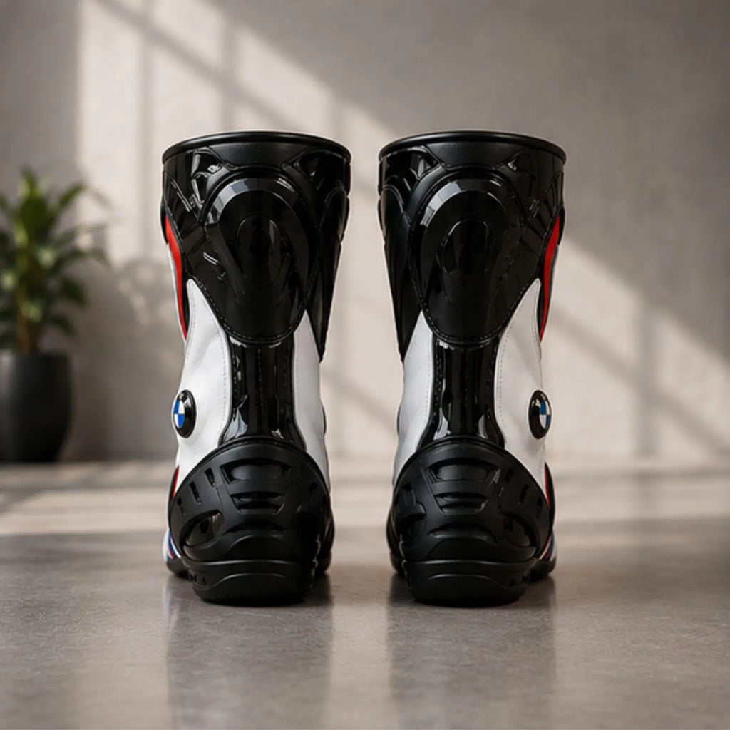 Men's Racing Motorcycle Boots | Black & White Biker Boots with Reinforced Ankle & Toe Protection