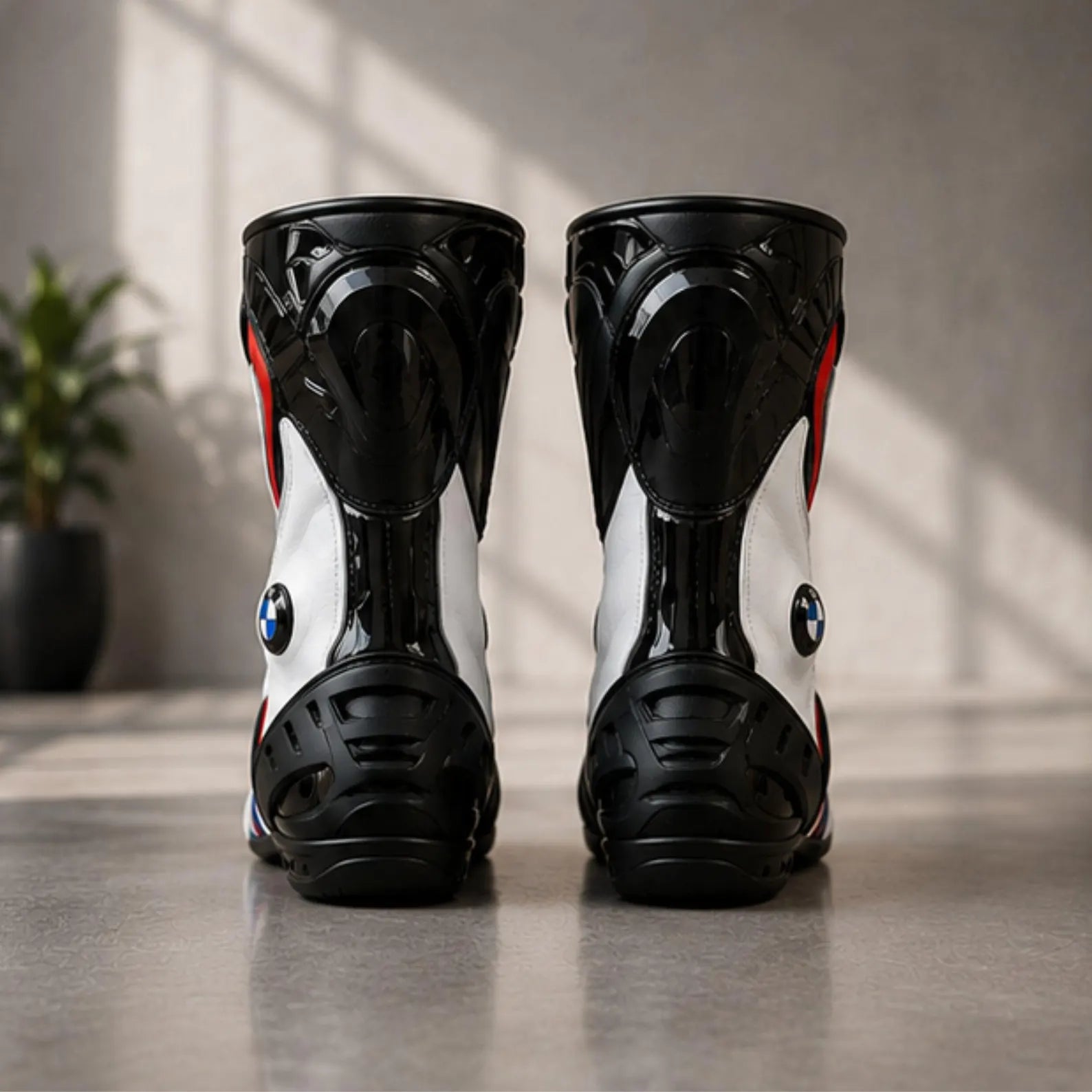 Men's Racing Motorcycle Boots | Black & White Biker Boots with Reinforced Ankle & Toe Protection
