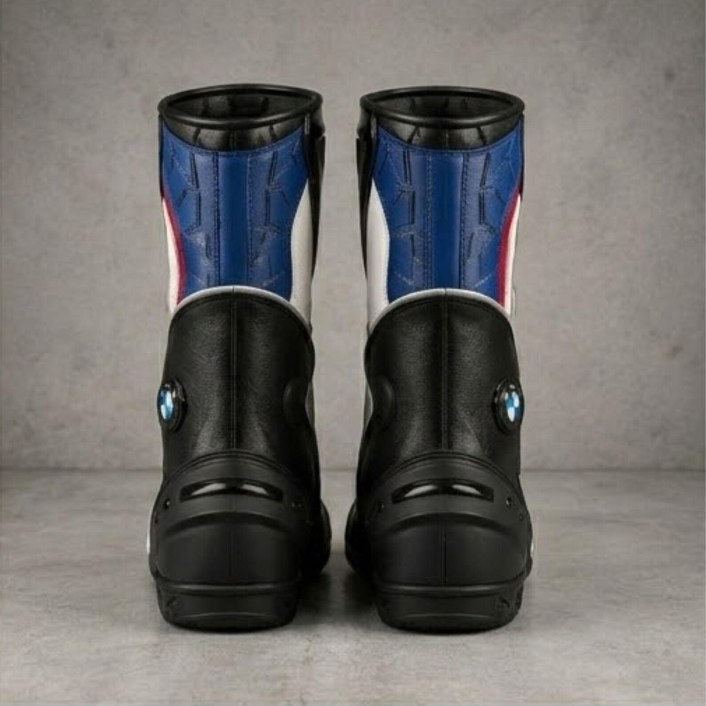 TRIFECTA Tricolor Racing Motorcycle Boots | Black, Blue & Red Biker Boots for Men | Tall Shaft