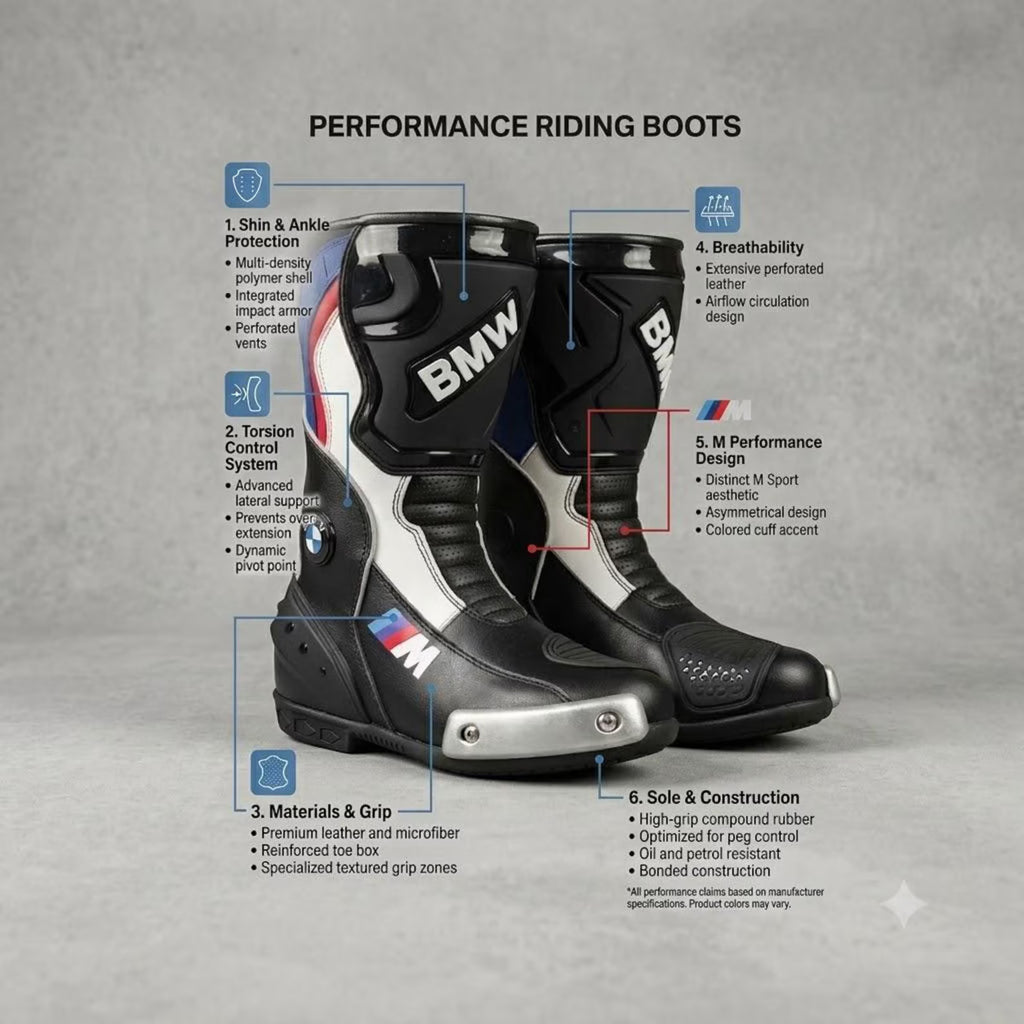 TRIFECTA Tricolor Racing Motorcycle Boots | Black, Blue & Red Biker Boots for Men | Tall Shaft