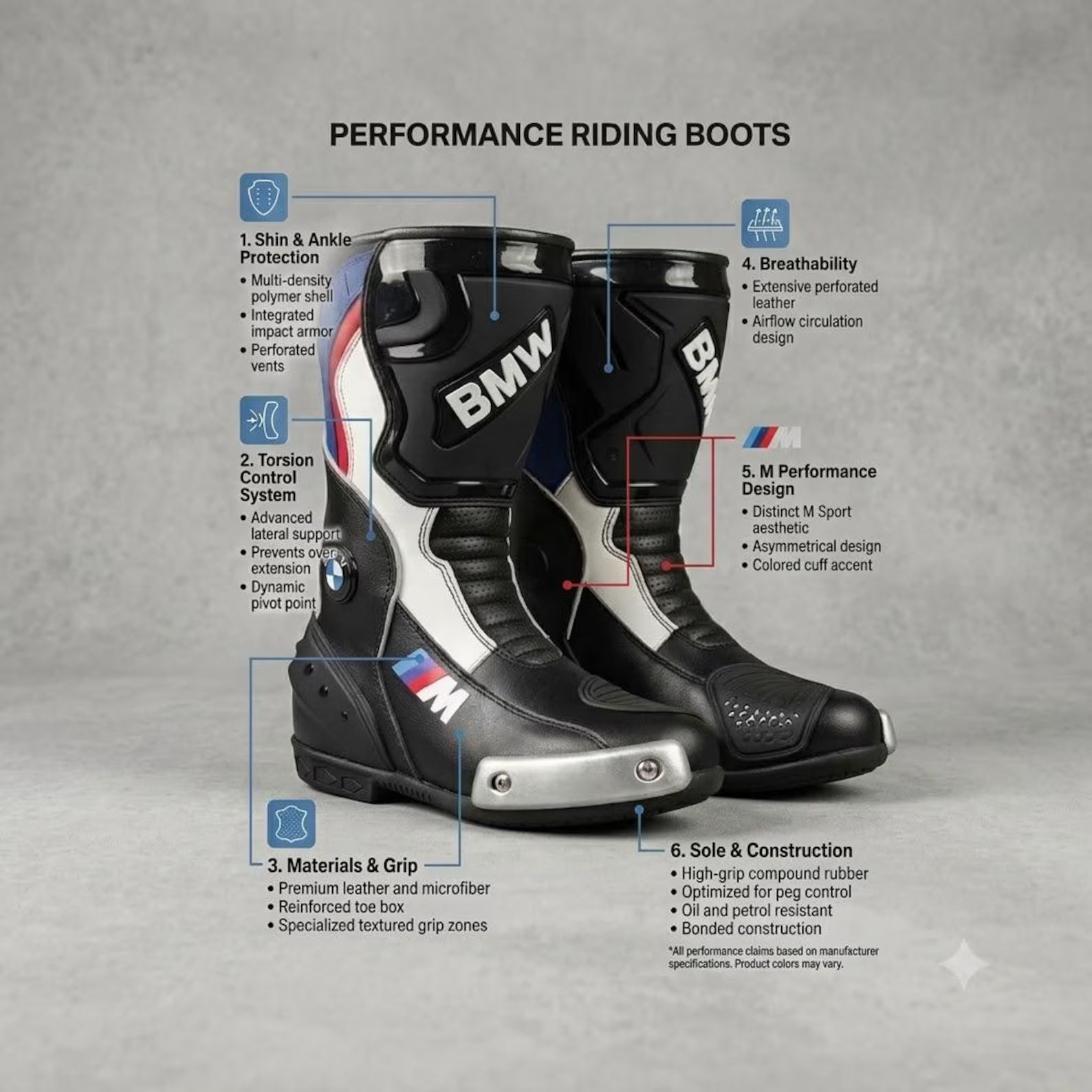 TRIFECTA Tricolor Racing Motorcycle Boots | Black, Blue & Red Biker Boots for Men | Tall Shaft